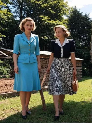 Eva und Gretl Braun, 1940 zu Besuch in Unterhausen bei Reutlingen.,two women dressed in matching clothes standing outside,mitford,blandings,13 august 1961,headmistresses,1940 women,countesses,Photogra