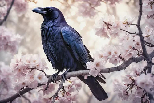 raven, bird, vanilla sky, perched, glossy feathers, sharp beak, intense eyes, wings slightly open, claws gripping branch, vanilla flowers, blooming, soft petals, creamy white color, natural texture, s