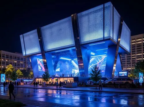 Futuristic concert hall, neon-lit LED walls, metallic mesh fa\u00e7ade, dynamic light installations, angular architecture, sleek glass surfaces, polished chrome accents, high-gloss finishes, electric 