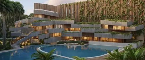 Create a detailed architectural rendering of a modern luxury beach apartment building. The building should feature predominantly white walls with sections of composite stone material seamlessly integr