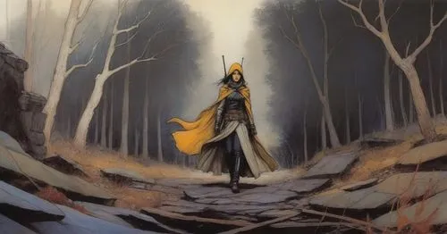 a painting of a woman in yellow and black outfit,melkor,elric,bankai,mirkwood,transistor,jubei,silmarillion,scythe,yushenkov,morgoth,finrod,fingolfin,thranduil,raistlin,ryoji,barlowe,seregil,magik,scy