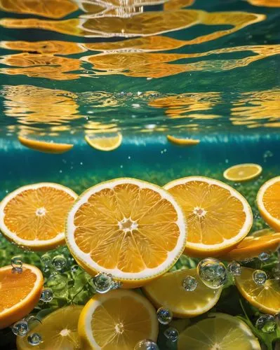 colorful water,orange slices,green oranges,fresh orange juice,oranges,reflection of the surface of the water,Photography,General,Realistic