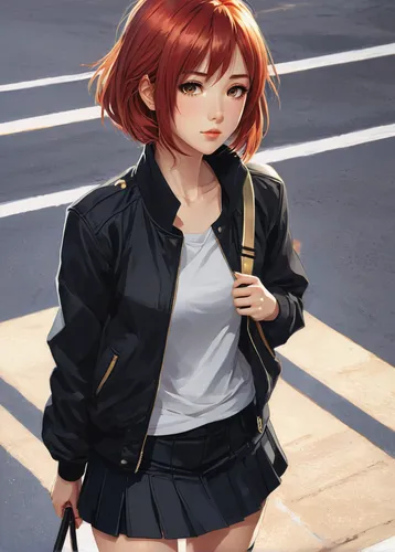 jacket,parka,pedestrian,mc,school uniform,summer coat,school clothes,girl walking away,school skirt,a uniform,meteora,red-haired,chara,schoolgirl,nora,maki,a pedestrian,worried girl,student,walk,Conceptual Art,Fantasy,Fantasy 03