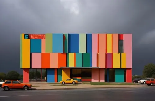 colorful facade,cube house,color wall,cubic house,drive-in theater,sottsass