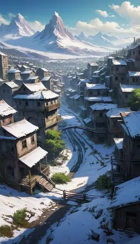 korean village snow,syberia,alpine village,mountain village,mountain settlement,winter village,winterfell,harran,township,meteora,tulou,snowy landscape,aurora village,snow landscape,settlements,ancient city,townships,shiretoko,shantytowns,mountain huts,Conceptual Art,Fantasy,Fantasy 03