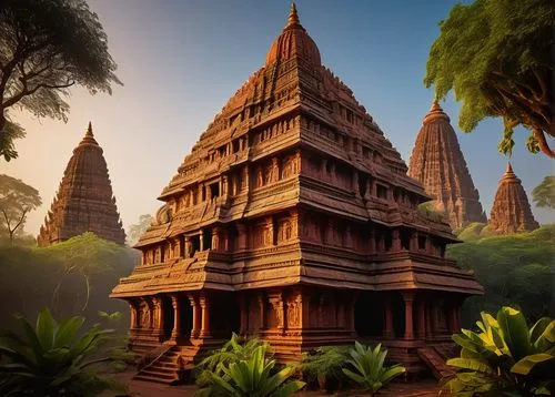 Ancient Indian Hindu temple, intricate carvings, ornate pillars, vibrant frescoes, golden domes, red sandstone walls, detailed sculptures of Hindu gods, lush greenery surrounding, tropical trees with 