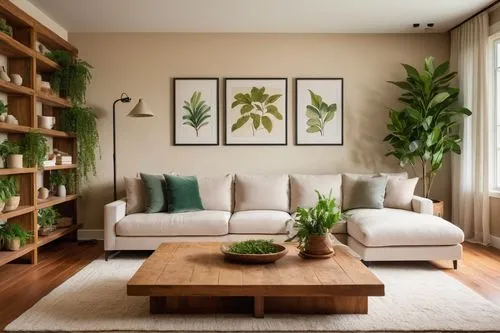 Cozy living room, modern minimalism, warm beige walls, soft cream carpet, plush sectional sofa, wooden coffee table, floor lamps, greenery, hanging plants, rustic wooden shelves, vintage decorative it