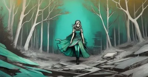 a painting of a woman in a green dress walking through the forest,elven forest,mirkwood,ballerina in the woods,thingol,alfheim,seelie,elven,rusalka,the enchantress,kahlan,seregil,unseelie,forest backg