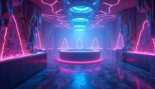 ufo interior,3d render,neon ghosts,cyberia,neon coffee,tunheim,lair,neon drinks,teleporter,neon tea,sanctum,graecorum,spaceland,tron,silico,lumo,polybius,nightclub,3d background,dungeon,Photography,General,Realistic