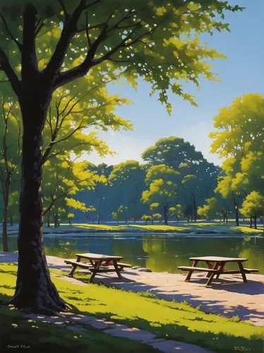 park bench,picnic table,central park,row of trees,ash-maple trees,benches,herman park,landscape background,bench,walk in a park,park,park akanda,walnut trees,nara park,maple tree,outdoor bench,man on a bench,the park,wooden bench,oil painting on canvas,Illustration,American Style,American Style 02