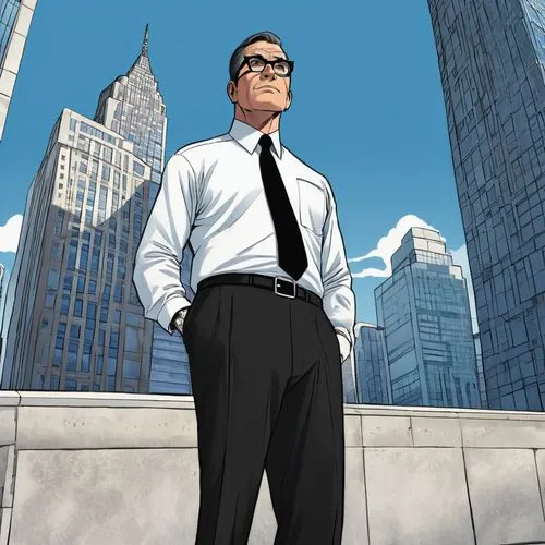 Middle-aged, male, architectural director, suit, white shirt, black tie, glasses, short hair, serious expression, standing, hands behind back, in front of a modern skyscraper, TX cityscape, sunny day,