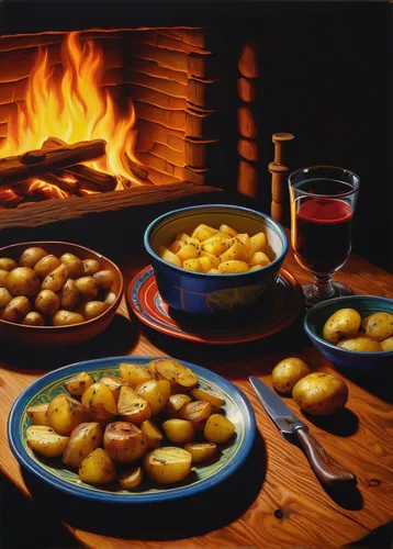 Describe a cozy cabin with a flickering fireplace and a plate of rustic potatoes.,roasted chestnuts,roasted potatoes,patatas bravas,bowl of chestnuts,portuguese food,baked meat and potatoes,spanish cu