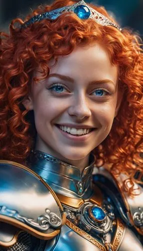 Portrait of a joyful young woman with wild curly red hair. Wearing a silver circlet with blue gem and partial armor. Wide, bright smile. Fantasy medieval setting. Warm, golden lighting. Realistic digi