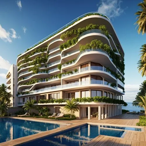 edificio frente al mar  con  un a plaza en la parte de enfrente y a lado derecho tiene un  parque de arboles,an artist's rendering of a building next to the ocean,mamaia,fresnaye,escala,inmobiliaria,c