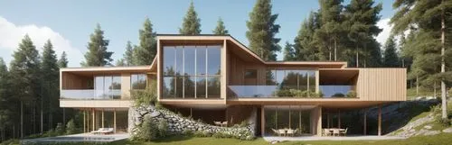 此為一建築物的立面圖，請模擬3D立體圖，,two - story wooden home overlooks a hill with trees on both sides,cubic house,3d rendering,modern house,cube stilt houses,treehouses,timber house,Photography,General,Realistic