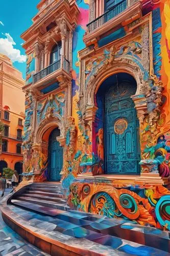 Ancient grandeur, majestic cityscape, historic landmark, Baroque architecture, ornate details, intricate carvings, statues, fountains, vibrant street art, colorful graffiti, murals, abstract sculpture