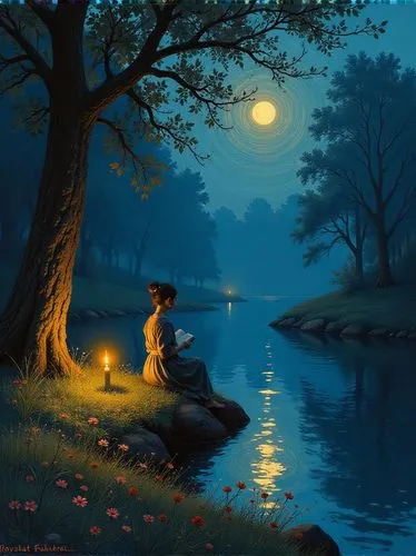 nasmith,romantic scene,fisherman,night scene,fantasy picture,moonlit night