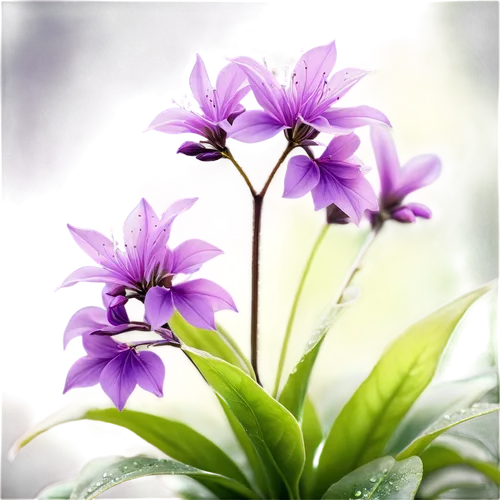 Purple haze plant, close-up shot, vibrant purple flowers, delicate petals, soft focus, green leaves, gentle curves, wispy stems, morning dew, warm natural light, shallow depth of field, 3/4 compositio