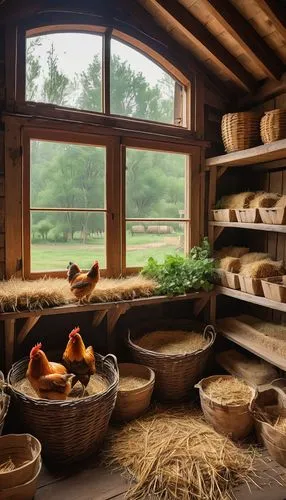 Cozy chicken house interior, rustic wooden walls, vintage farm tools decorations, straw bedding, warm soft lighting, earthy tone color scheme, wooden nesting boxes, feeding troughs, egg collection bas