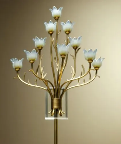 glass flower finish in antique brass,a white and gold light fixture sitting on a desk,artificial flower,ikebana,candelabrum,artificial flowers,candelabras,candelabra,Photography,General,Realistic