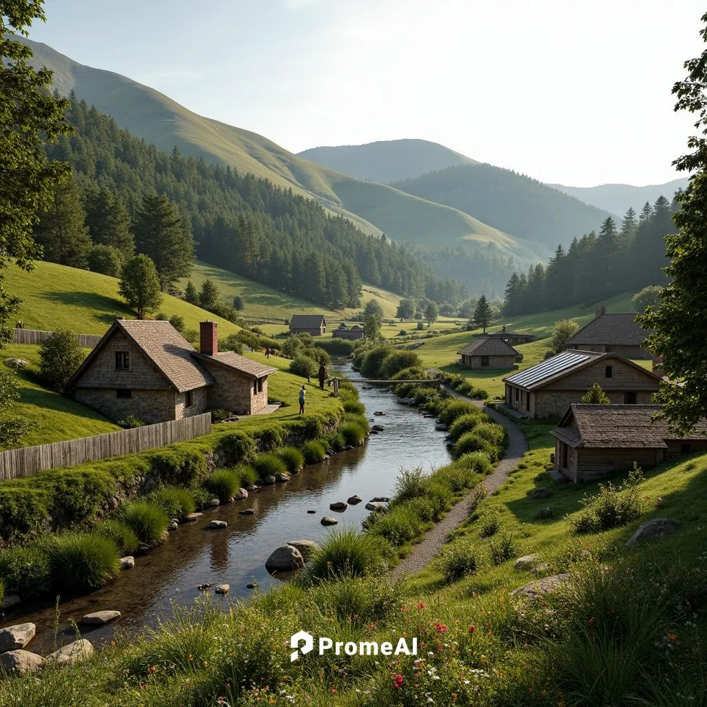 Rustic rural landscape, rolling hills, meandering streams, verdant forests, wildflowers, traditional farmhouses, natural stone walls, wooden fences, thatched roofs, earthy tones, organic forms, blende