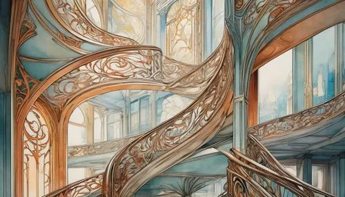winding staircase,art nouveau frames,art nouveau frame,staircase,spiral staircase,staircases,stairwells,intricacy,stairwell,gondolin,intricately,plateresque,tracery,stairways,circular staircase,winding steps,rivendell,outside staircase,fractals art,ornate,Illustration,Retro,Retro 08