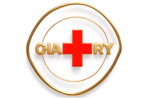 Charity emblem, golden badge, red cross, shiny surface, circular shape, bold font, white background, subtle shadow, 3D effect, detailed texture, soft focus, warm lighting, central composition, symboli