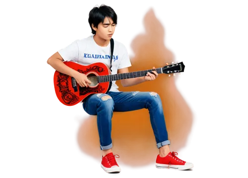 Asian boy, teenage, messy black hair, casual wear, white graphic t-shirt, dark blue ripped jeans, red sneakers, holding guitar, playing ka-ching sound, focused facial expression, soft natural light, s