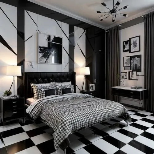 checkered floor,black and white pattern,great room,ornate room,sleeping room,bedroom,guest room,black and white pieces,geometric style,contemporary decor,modern decor,danish room,interior design,guest