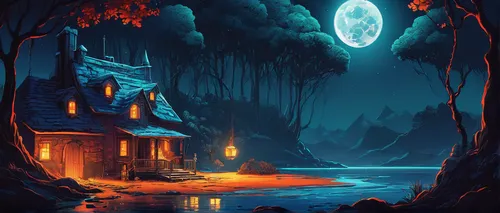 witch's house,fantasy landscape,witch house,moonlit night,night scene,halloween background,halloween illustration,house in the forest,fantasy picture,halloween scene,lonely house,haunted forest,cottage,the haunted house,haunted house,summer cottage,house with lake,light of night,house by the water,fantasy art,Conceptual Art,Fantasy,Fantasy 21