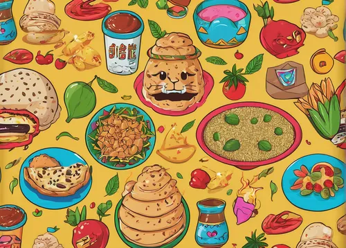 All over print, many different Egyptian foods, Kawaii, patterns, the Egyptian flag, leaf's, detailed, happy vibrant colors.,food collage,food icons,fruit icons,thanksgiving background,fruits icons,sea