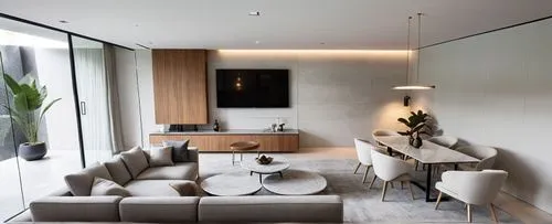 sala de estar, techo blanco, pared de fondo con mueble de tv en madera minimalista, pared de fondo tipo concreto con canaletas de madera, en el medio un sofa de tela gris, acompañado con mesa de cafe,