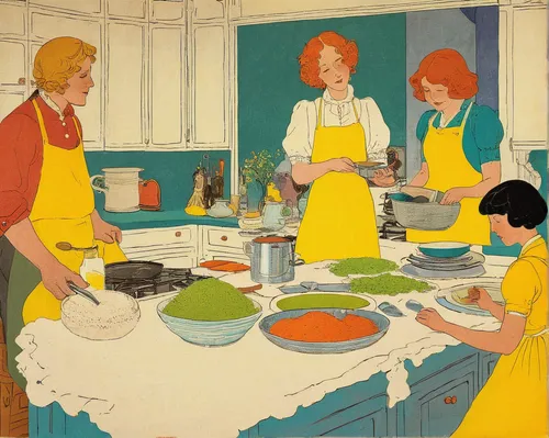 girl in the kitchen,food preparation,the kitchen,cookery,domestic life,domestic,cooking book cover,southern cooking,kitchen work,housewife,vintage kitchen,vintage illustration,food and cooking,cooks,cuisine classique,kitchen,kitchen interior,1940 women,big kitchen,mulberry family,Illustration,Retro,Retro 07