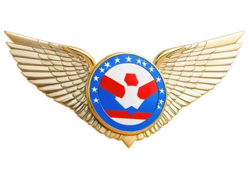 Air Force emblem, gold wings, blue circle, white star, red stripe, metallic material, detailed texture, shiny surface, centered composition, close-up shot, dramatic lighting, high contrast, 3D-like re