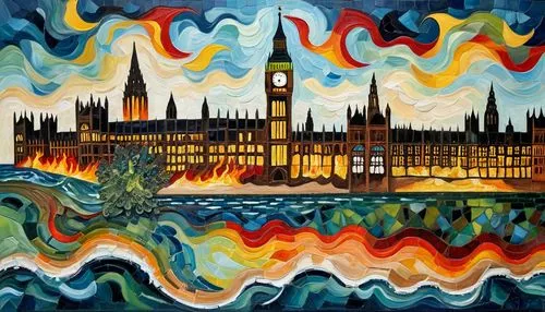 westminster palace,parliament,big ben,houses of parliament,river thames,thames,london buildings,thames trader,lewisham,embankment,glass painting,city scape,london,portobello,city of london,city skyline,fabric painting,oil on canvas,art painting,london underground,Illustration,Realistic Fantasy,Realistic Fantasy 40