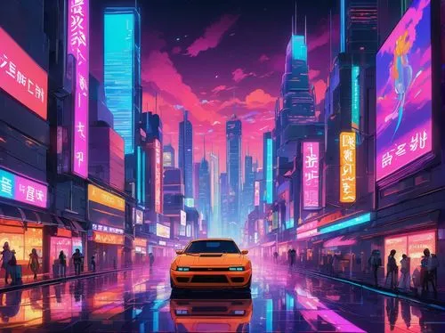 colorful city,3d car wallpaper,cityscape,neon,toyota ae85,tokyo city,cyberpunk,neon arrows,80's design,city car,80s,shanghai,tokyo,dusk,aesthetic,passenger,urban,passengers,elektrocar,neon lights,Illustration,Japanese style,Japanese Style 03