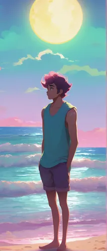 Create a serene Steven Universe PFP with beach background,the beach pearl,beach background,summer background,pink beach,dusk background,man at the sea,the beach fixing,sunscreen,beach scenery,sea man,