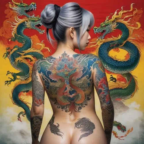 oriental painting,moondragon,japanese art,sichuanese,tattoo girl,oriental girl,Illustration,Japanese style,Japanese Style 21