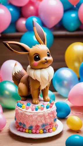 Eevee, Evolution, birthday party, colorful balloons, streamers, pink and blue decorations, cake with Eevee figurine, candies, Poké Balls, Evolving stones, party hats, excited children, cheerful adults