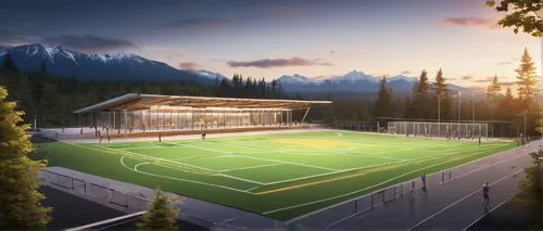 Campbell River sports complex, modern architecture, large glass windows, sleek metal beams, vibrant color scheme, neon lights, LED strip lights, dynamic shadows, evening time, warm golden light, misty