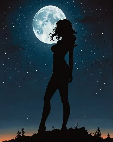 woman silhouette,silhouette art, silhouette,moon and star background,moonwalker,diwata,Illustration,Black and White,Black and White 12