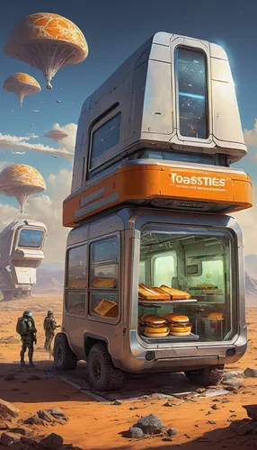 Imagine a futuristic world where Post Toasties have become the staple food source for humans after a catastrophic event.,mobile home,camper van isolated,futuristic landscape,motorhome,microvan,camping