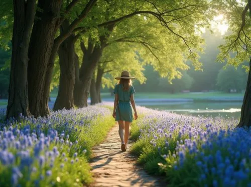 walking in a spring,camassia,spring morning,walk in a park,bluebell,springtime background,spring background,bluebells,girl walking away,blooming field,field of flowers,nature wallpaper,splendor of flowers,beautiful bluebells,meadow rues,bluebonnet,spring nature,meadow,pathway,girl in flowers,Photography,General,Realistic