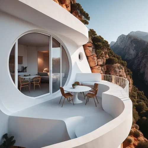 ( balcony view with sitting area:1.2) of a house with round lines built into the side of a mountain, a 3D render, unsplash contest winner, hypermodernism, trending on dezeen, white minimalist architec