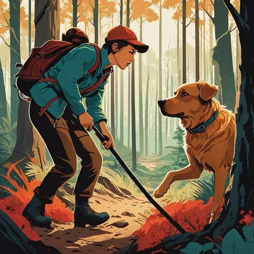 "Create a dramatic illustration of a hiker confronting an angry dog in a forest setting. The hiker should look startled and cautious, wearing hiking gear and holding a walking stick. The dog should be