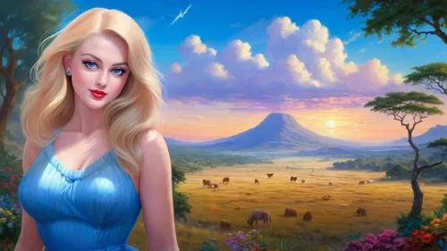 Romantic masterpiece oil painting, beautiful slim busty woman portrait, nostalgic 1950's style kitsch, standing in front of a breathtaking beautiful epic vast landscape, African savannah, majestic vib