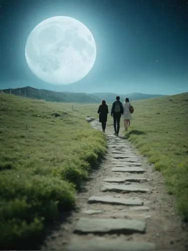 эти люди идут в небеса по лунной дорожке,three people walking down a path in the grass,moonwalked,moonwalks,moonwalker,moon walk,moonwalkers,moonwalk