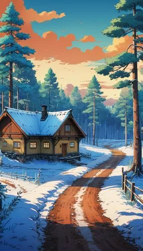 cartoon video game background,winter background,butka,log cabin,snow scene,winter village,Illustration,Japanese style,Japanese Style 03