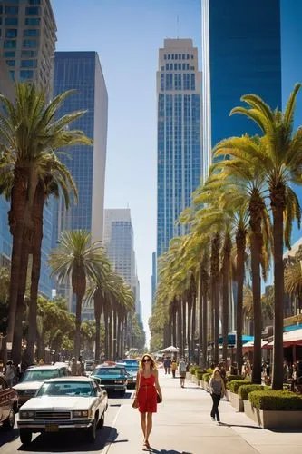 Los Angeles, Southern California, sunny day, clear blue sky, palm trees swaying gently, modern skyscrapers in the background, busy streets with cars and buses moving, sidewalk cafes with outdoor seati