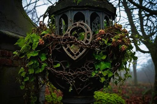 Broken, decaying heart, intricate details, old, worn-out, rusty chain, locks, keys, surrounded by dead flowers, vines crawling up, moss-covered stone pedestal, abandoned, mysterious, eerie atmosphere,